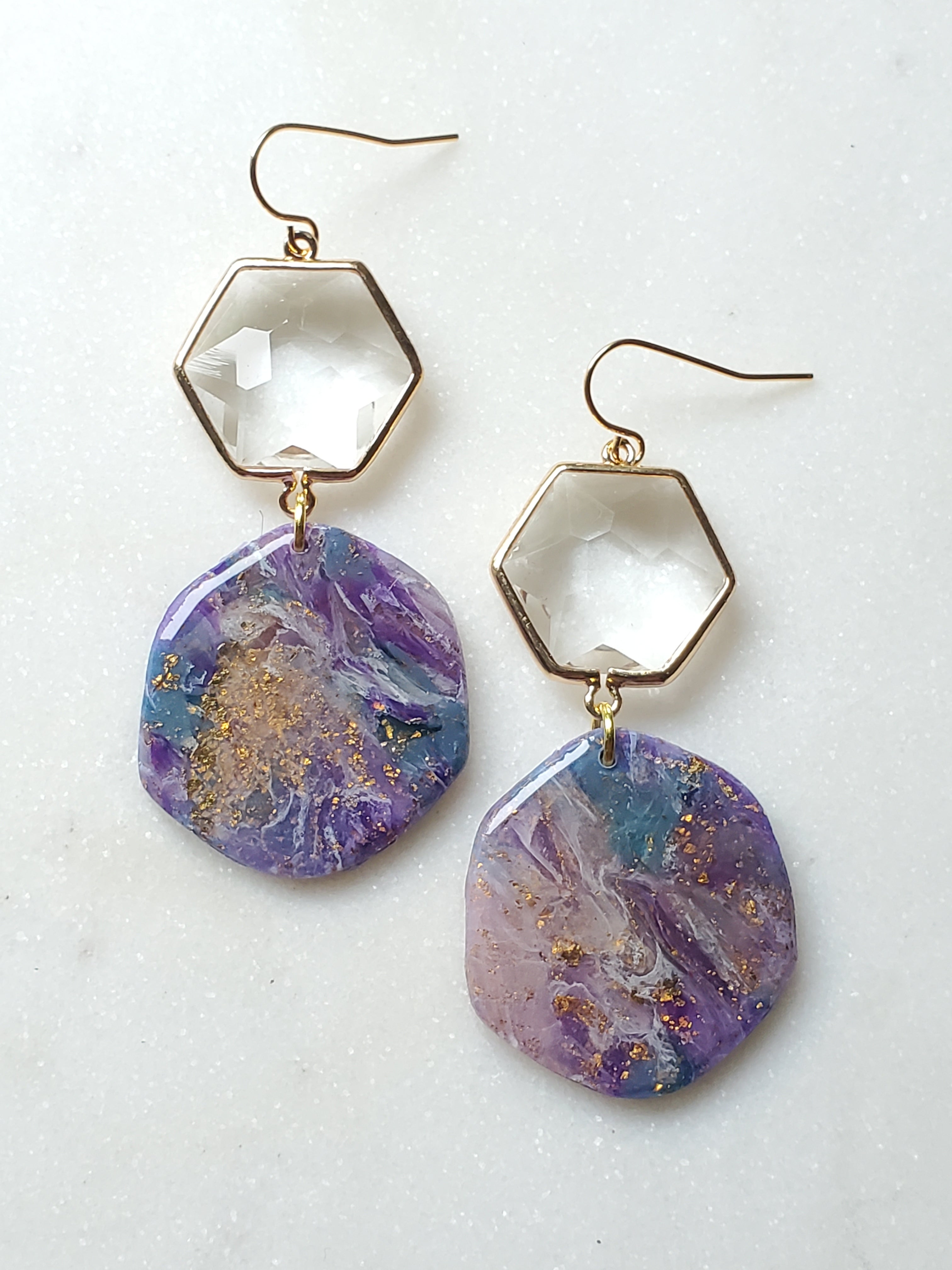14K Gold Filled Agate Inspired Glass Statement Earrings - Purple/Blue