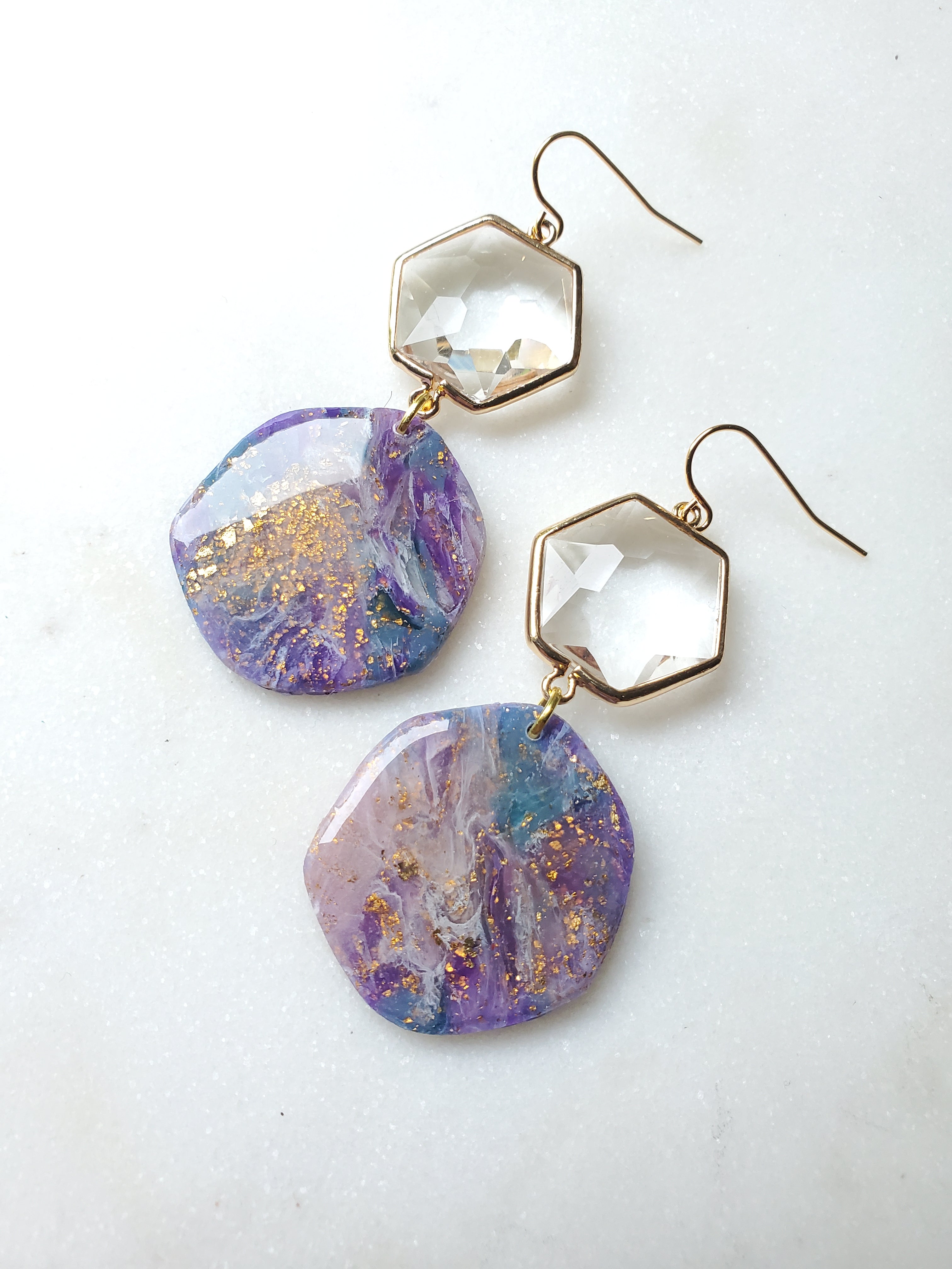 14K Gold Filled Agate Inspired Glass Statement Earrings - Purple/Blue