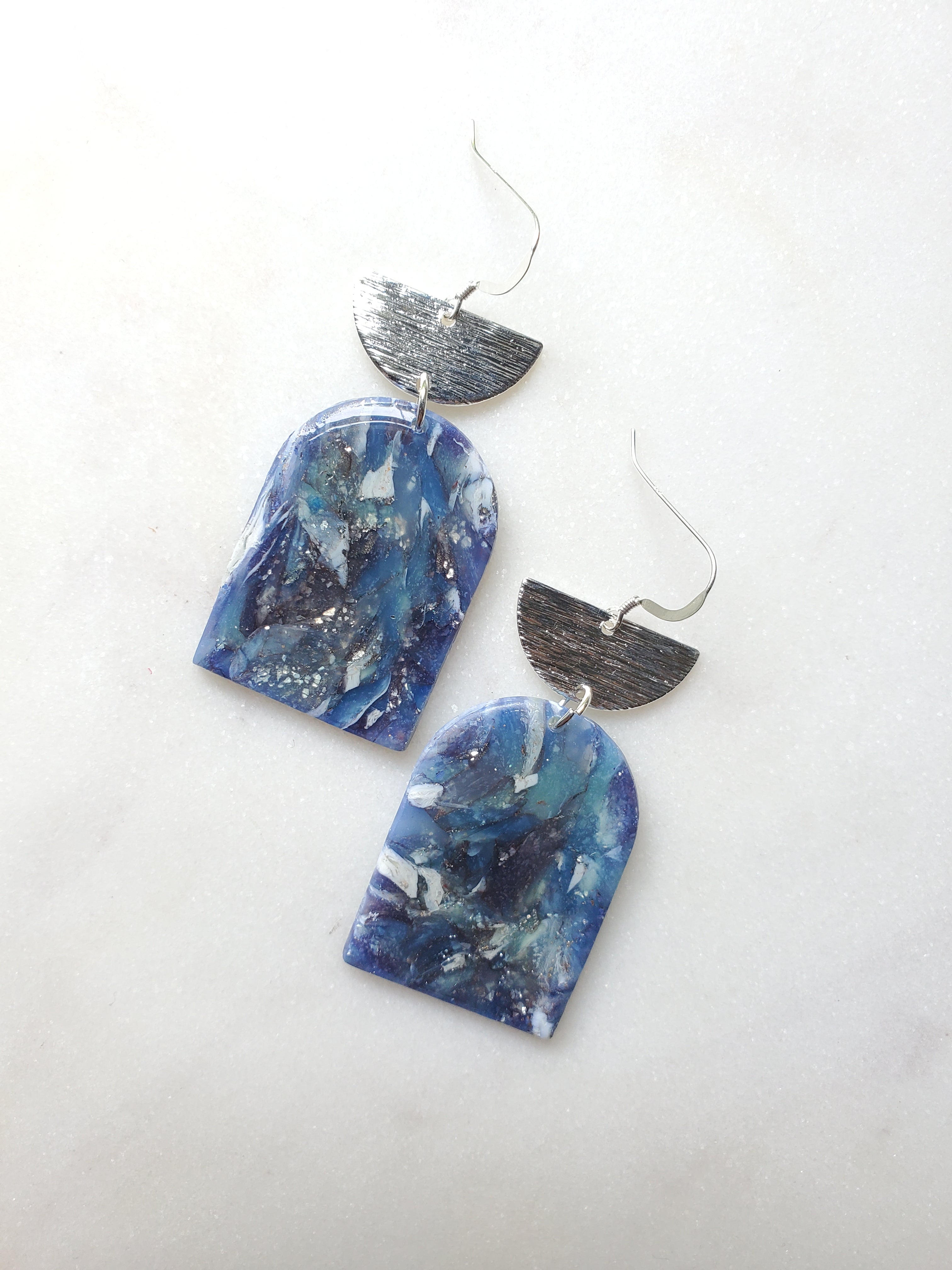 Marbled Panel Statement Earrings - Blue/Silver