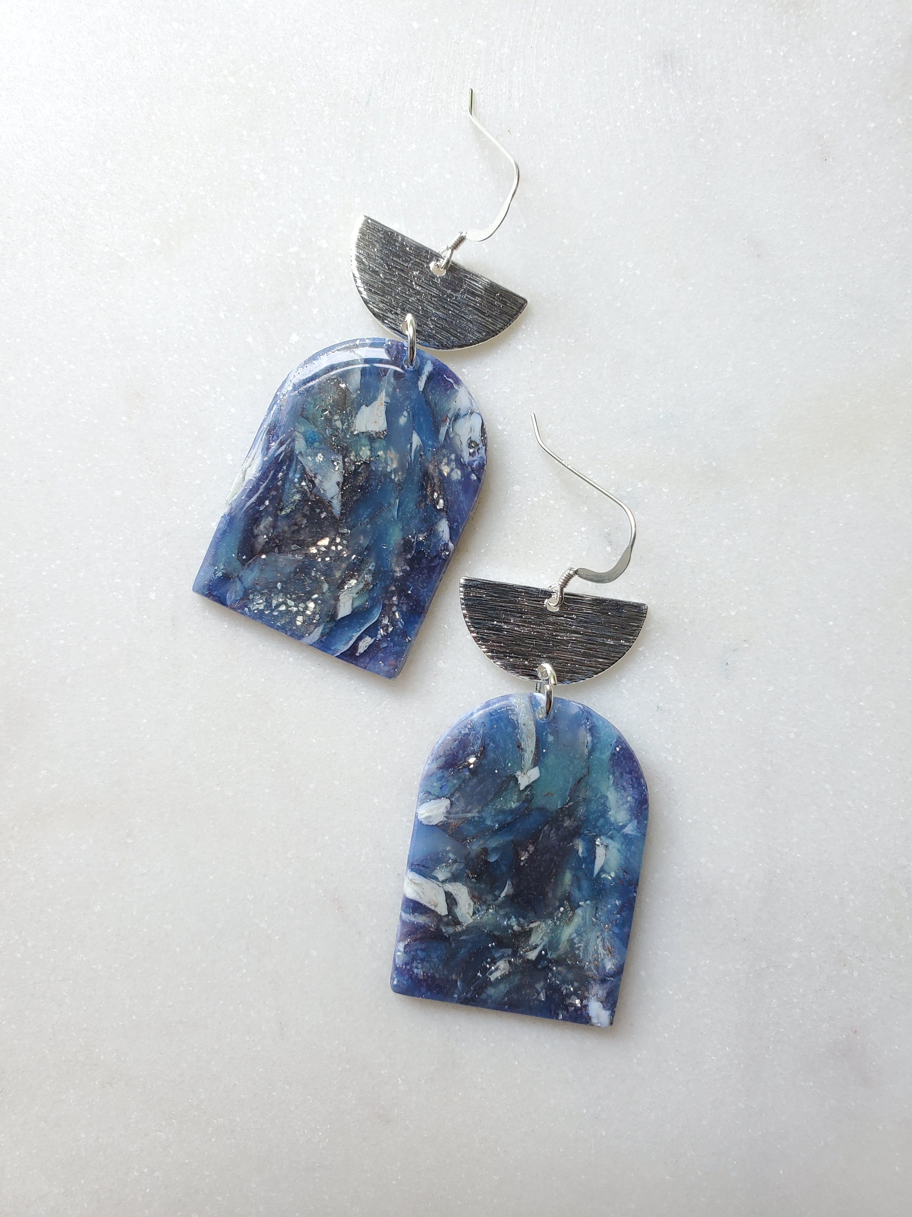 Marbled Panel Statement Earrings - Blue/Silver