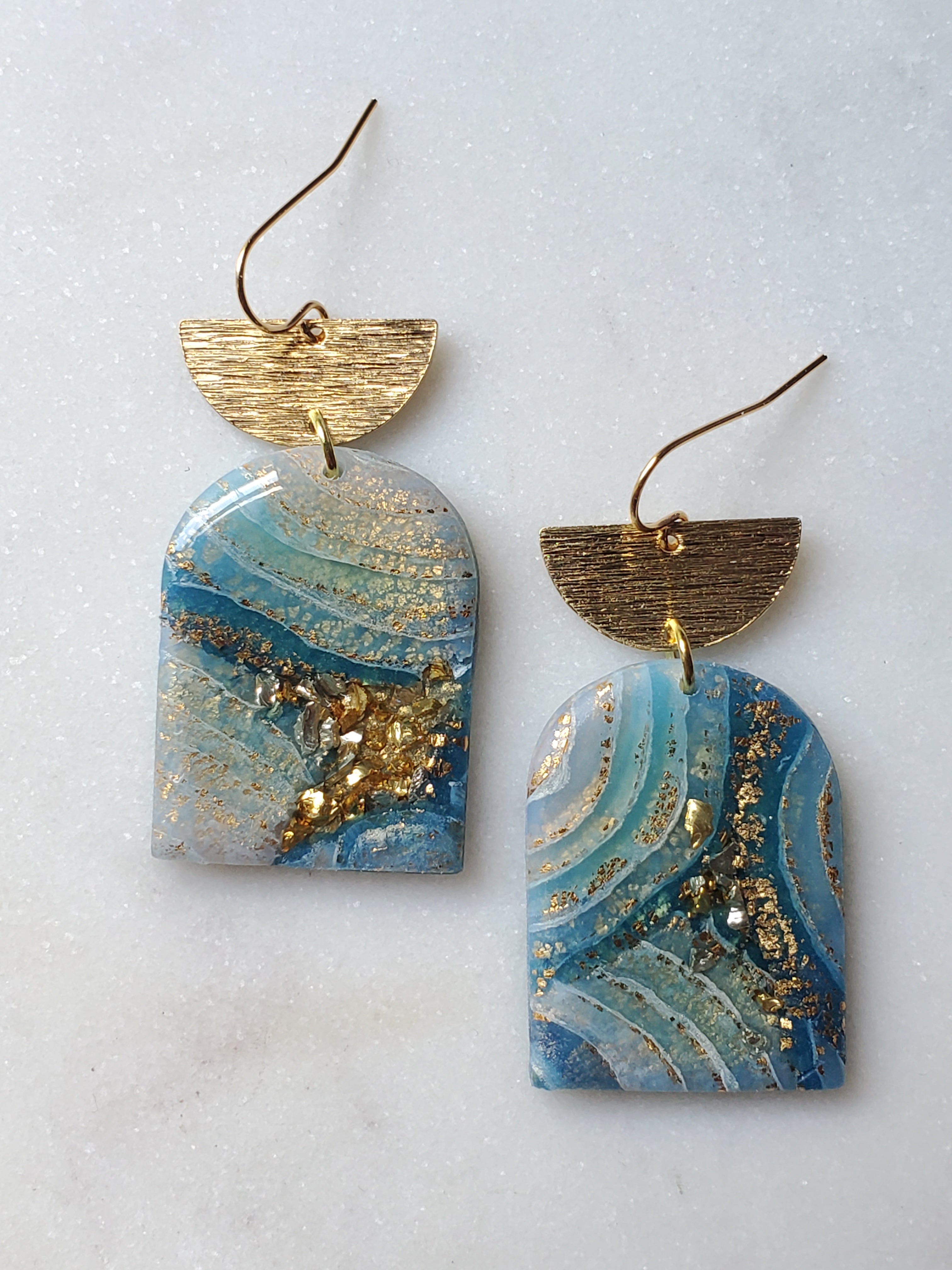 14K Gold Filled Agate Panel Statement Earrings - Blue/Gold