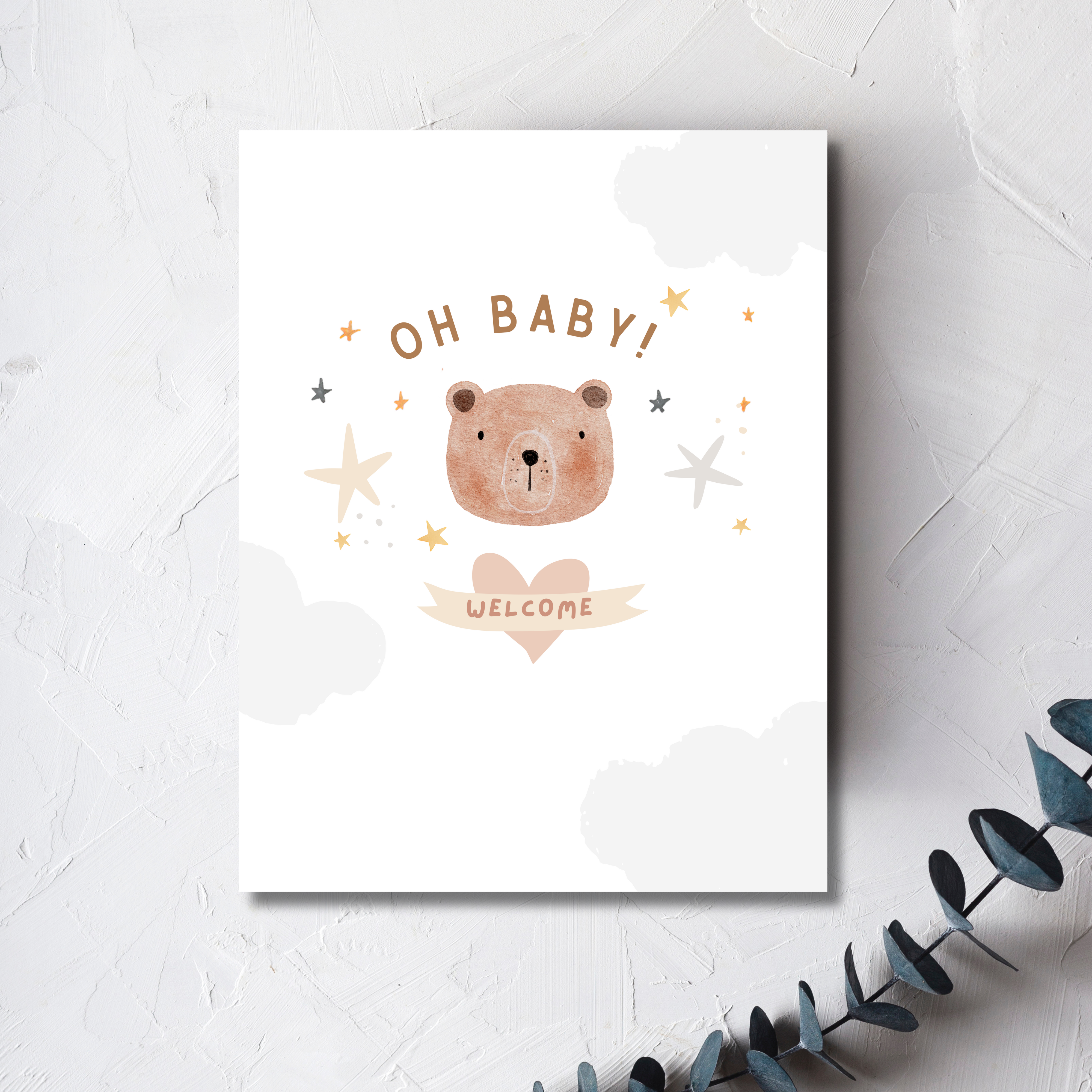 Watercolor illustration of a bear's head with neutral stars, clouds and text reading Oh Baby. A welcome banner and heart beneath the illustration.