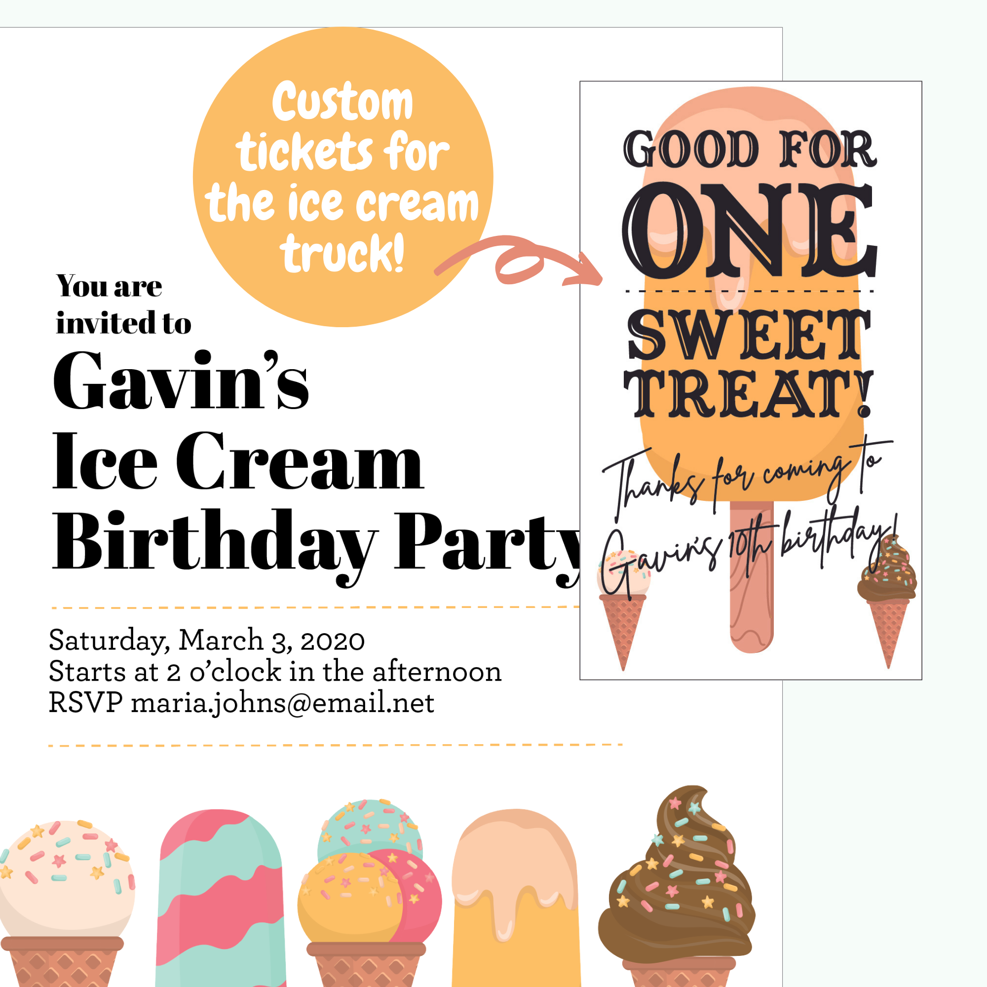 Printable Ice Cream Birthday Party Invitations and Favor Tags