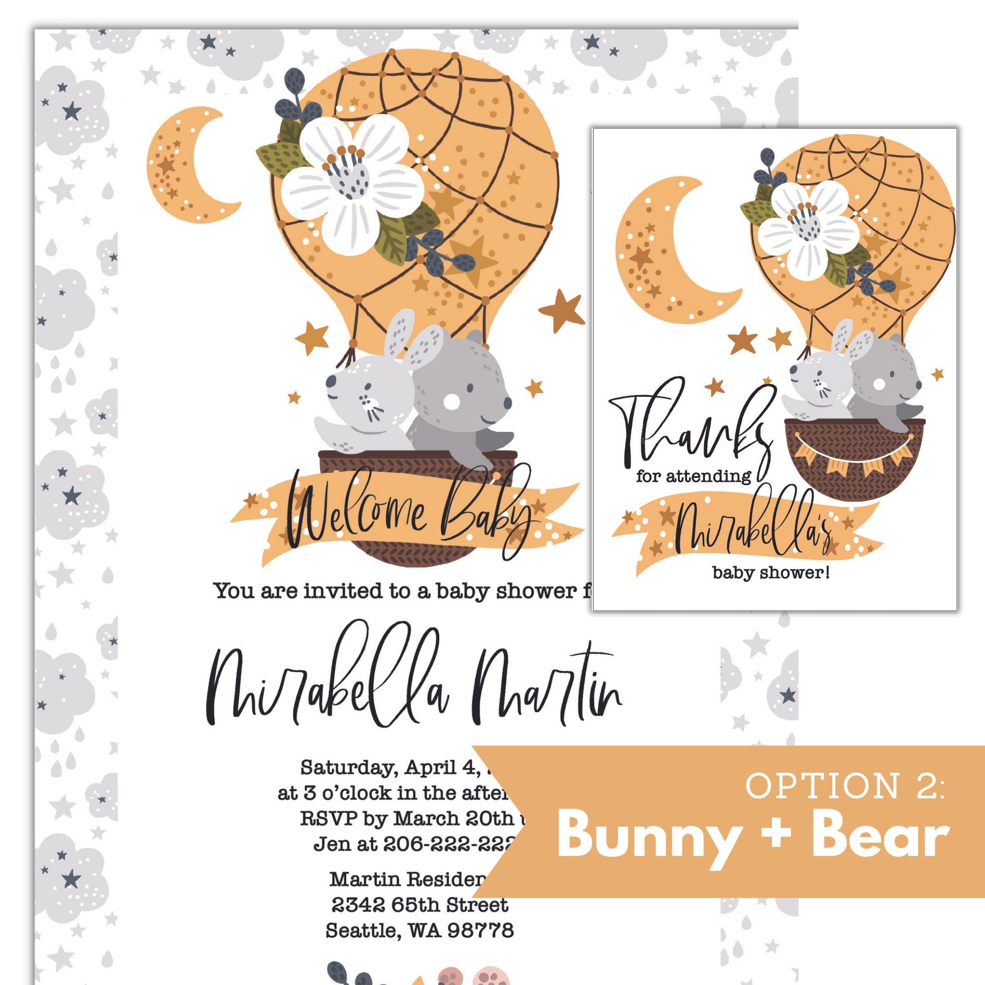 Printable Baby Shower Invitation & Favor Gift Tag - Hot Air Balloon, Gender Neutral