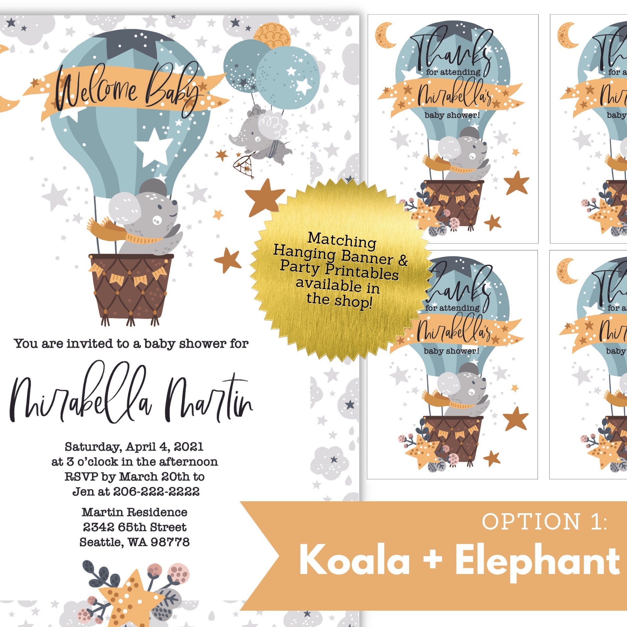 Printable Baby Shower Invitation & Favor Gift Tag - Hot Air Balloon, Gender Neutral