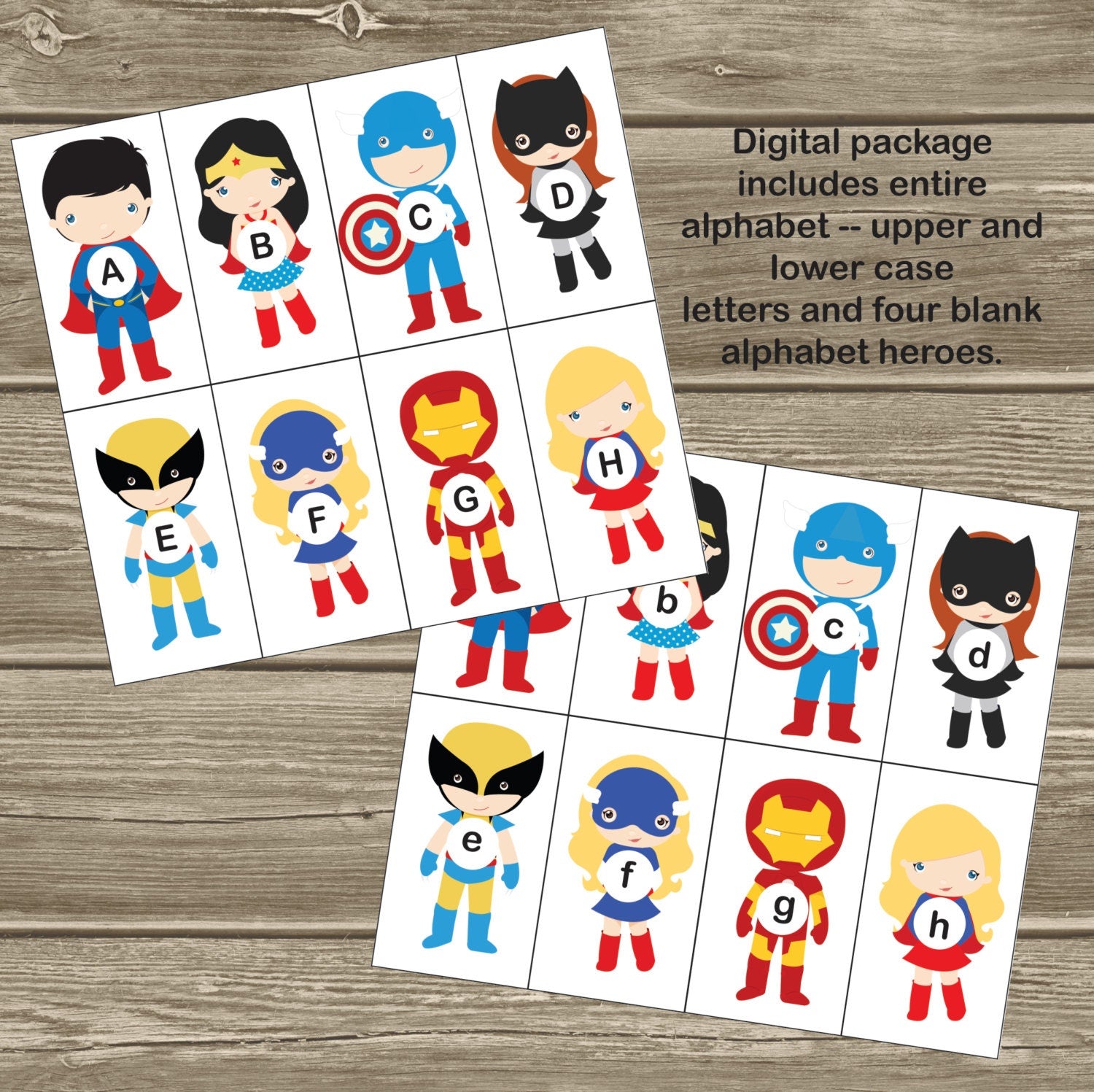 Printable Alphabet Heroes Flash Cards -- Digital Download